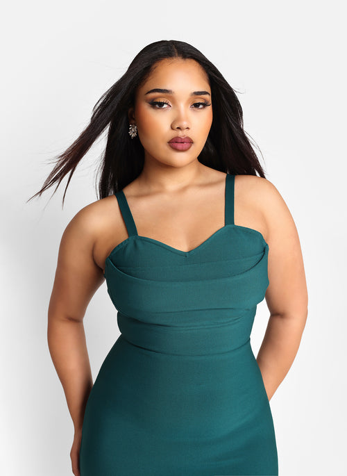 Cher Bandage Cowl Neck Midi Bodycon Dress - Emerald