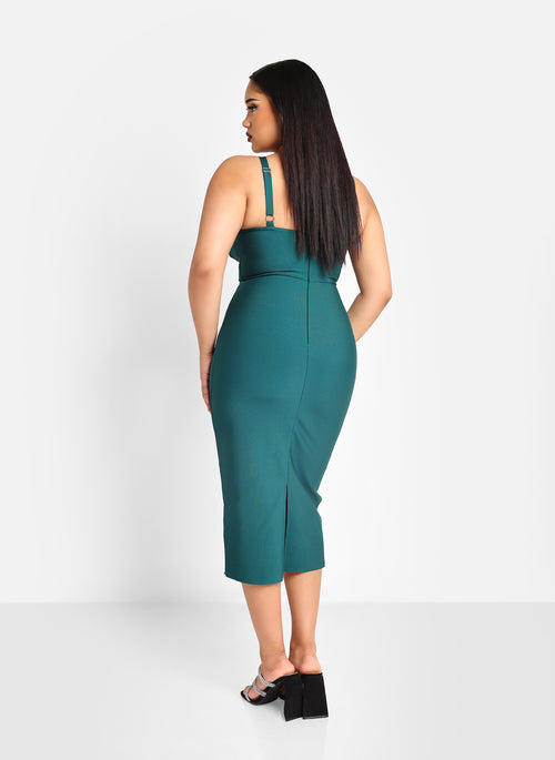 Cher Bandage Cowl Neck Midi Bodycon Dress - Emerald