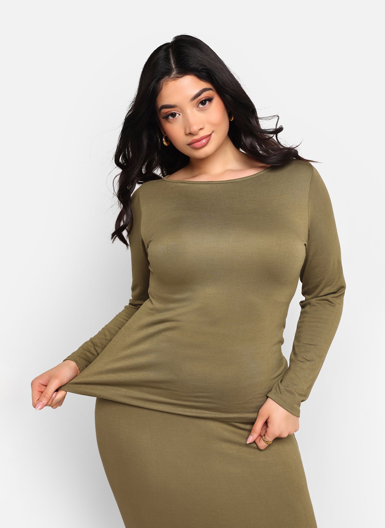 Claire Boat Neck Long Sleeve Top - Olive