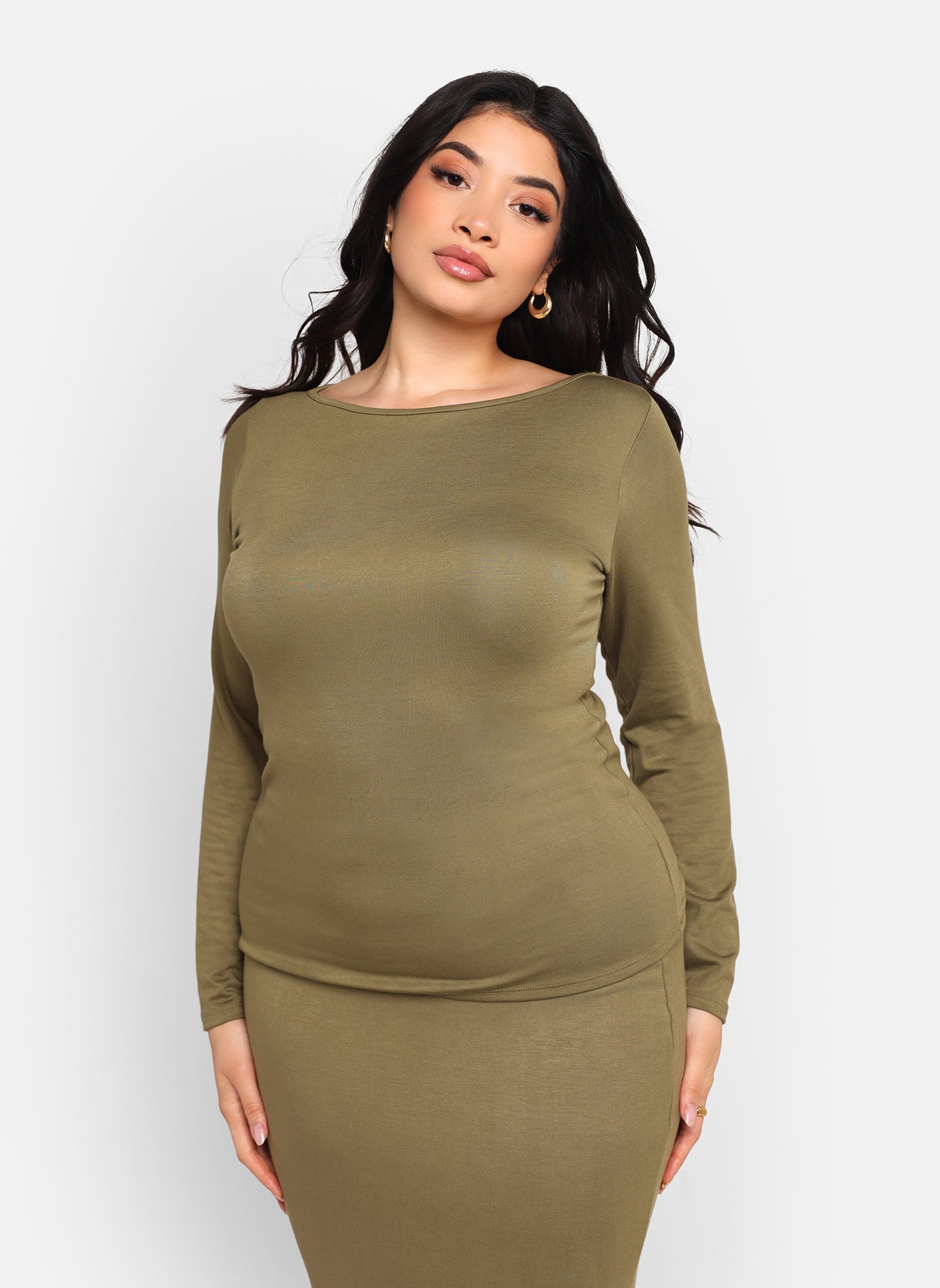 Claire Boat Neck Long Sleeve Top - Olive