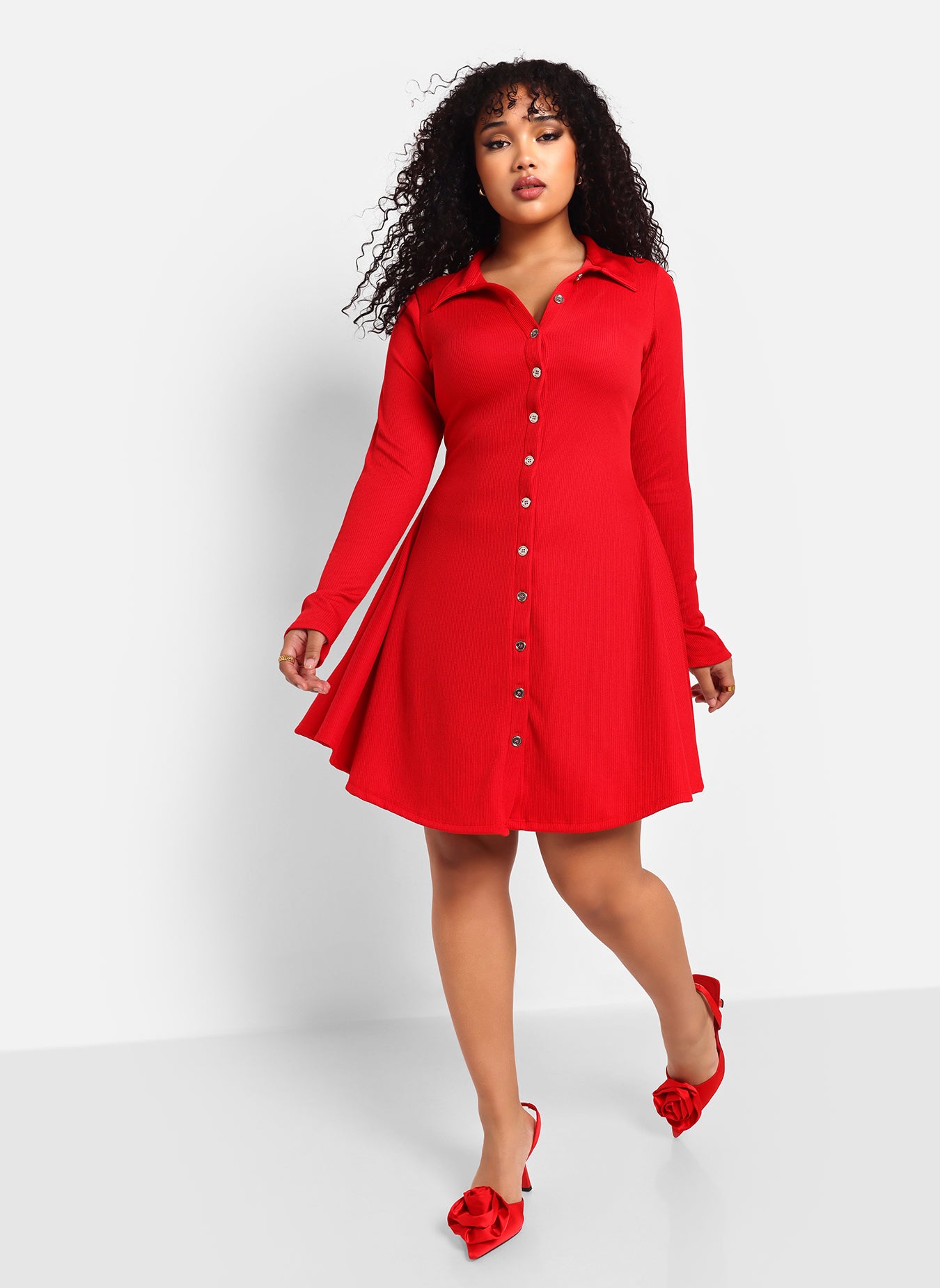 Clarissa Ribbed Button Front Mini A Line Dress - Red