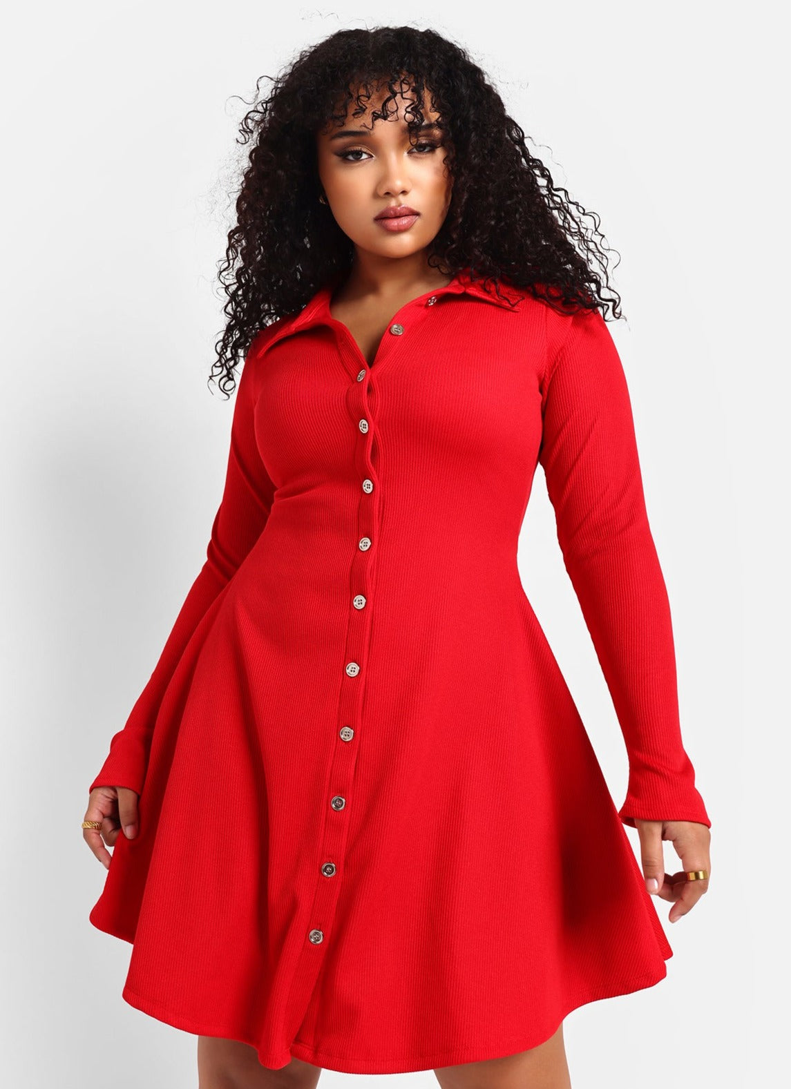 Clarissa Ribbed Button Front Mini A Line Dress - Red