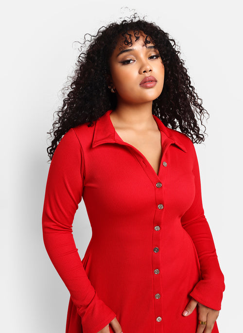 Clarissa Ribbed Button Front Mini A Line Dress - Red