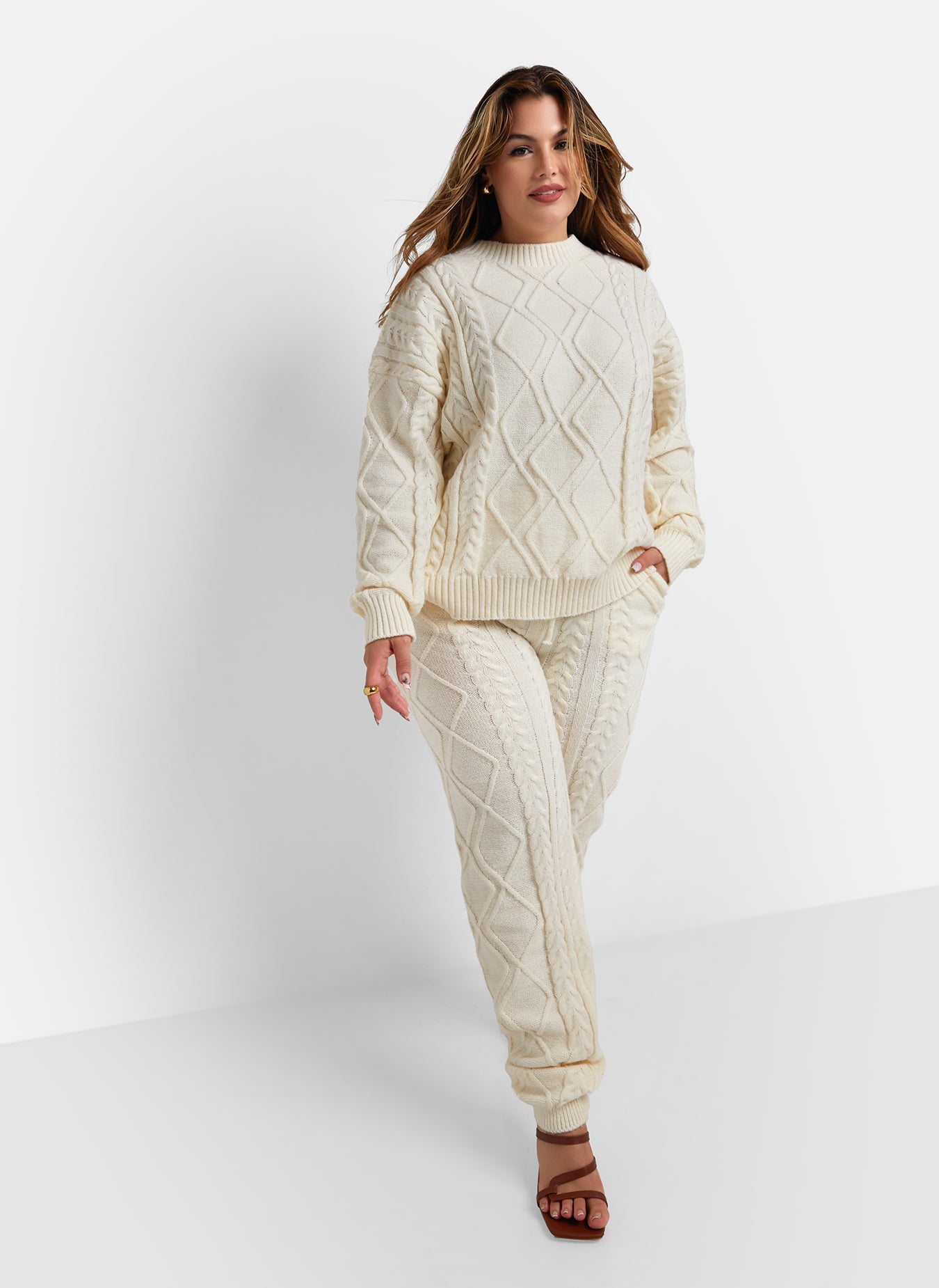 Claudia Cable Knit Joggers W. Pockets - Ivory