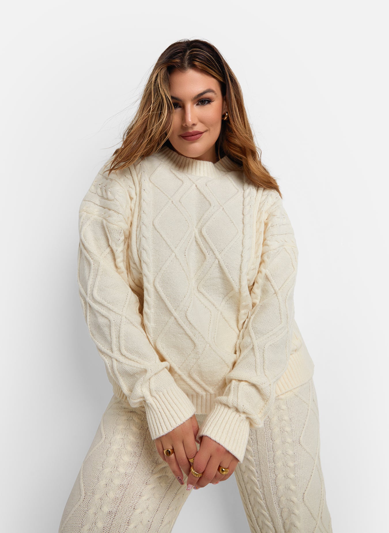 Claudia Cable Knit Oversized Sweatshirt - Ivory