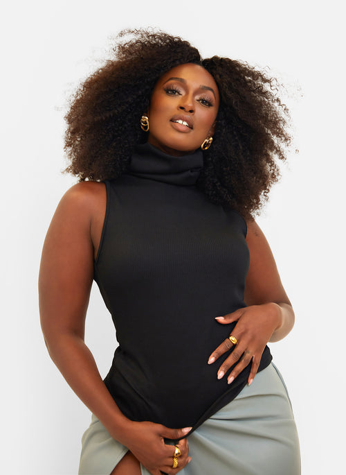 Connie Ribbed High Neck Full Length Top - Black