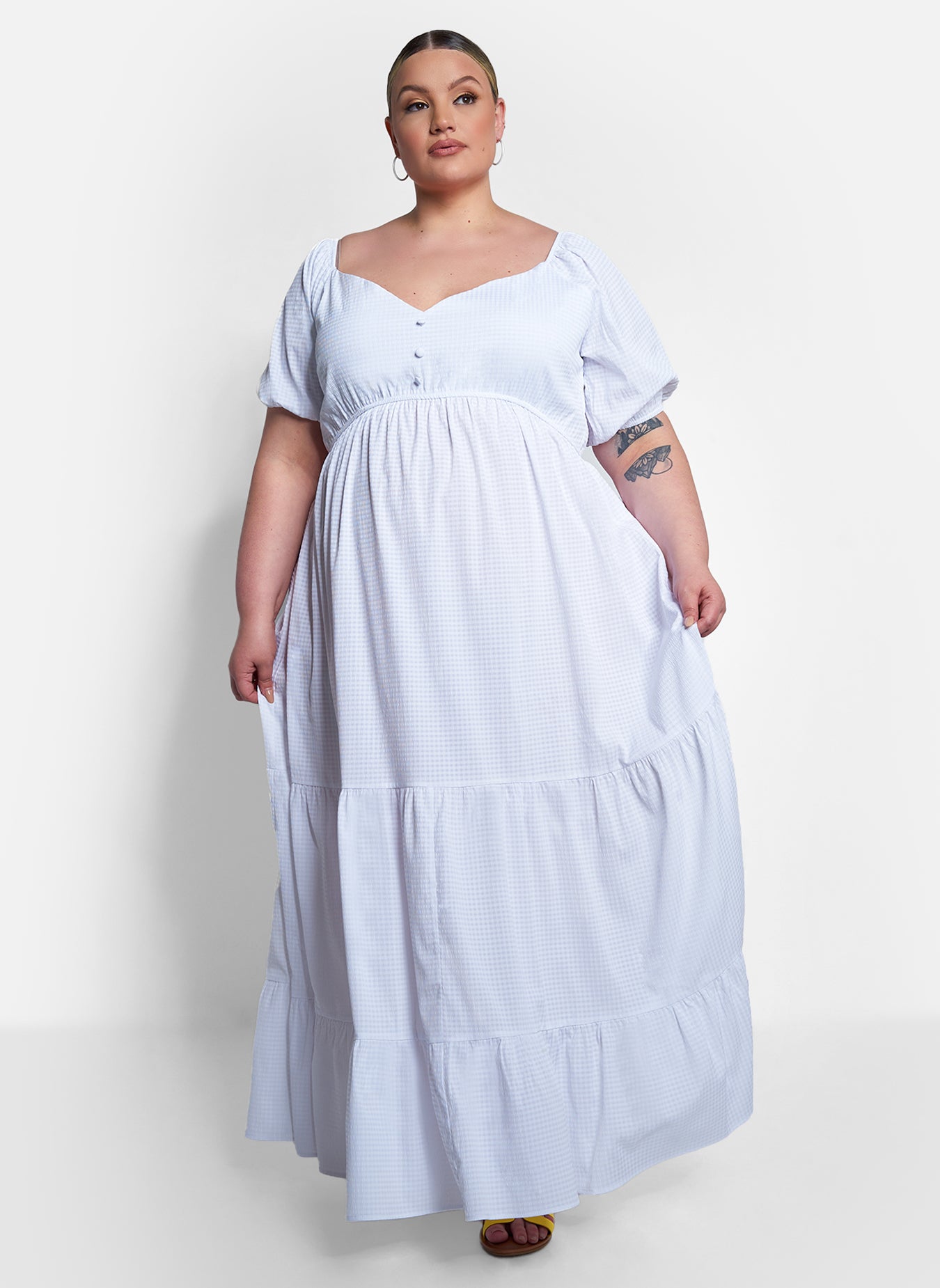 Corinne Puff Short Sleeve Tiered Maxi Dress - White