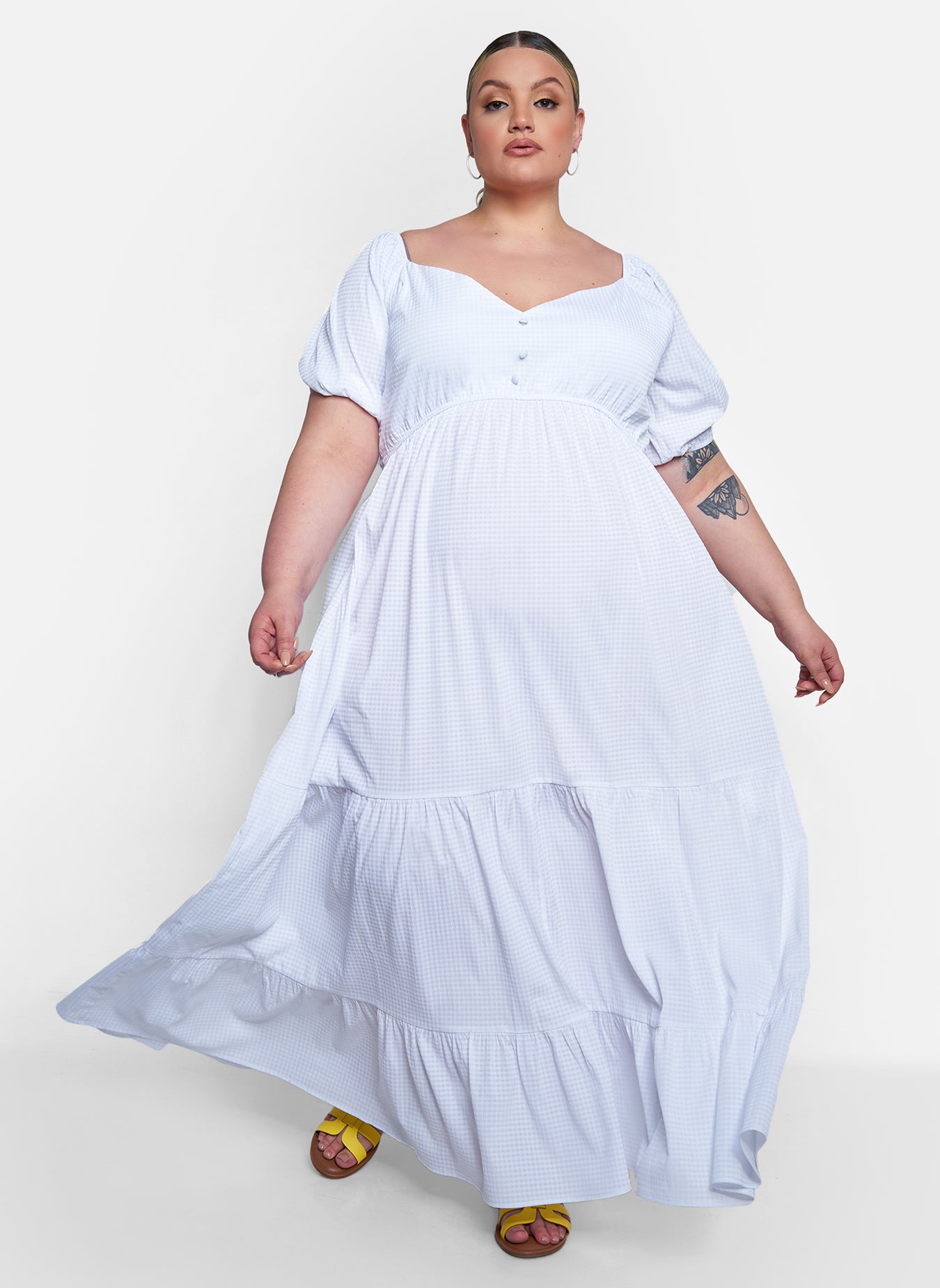 Corinne Puff Short Sleeve Tiered Maxi Dress - White
