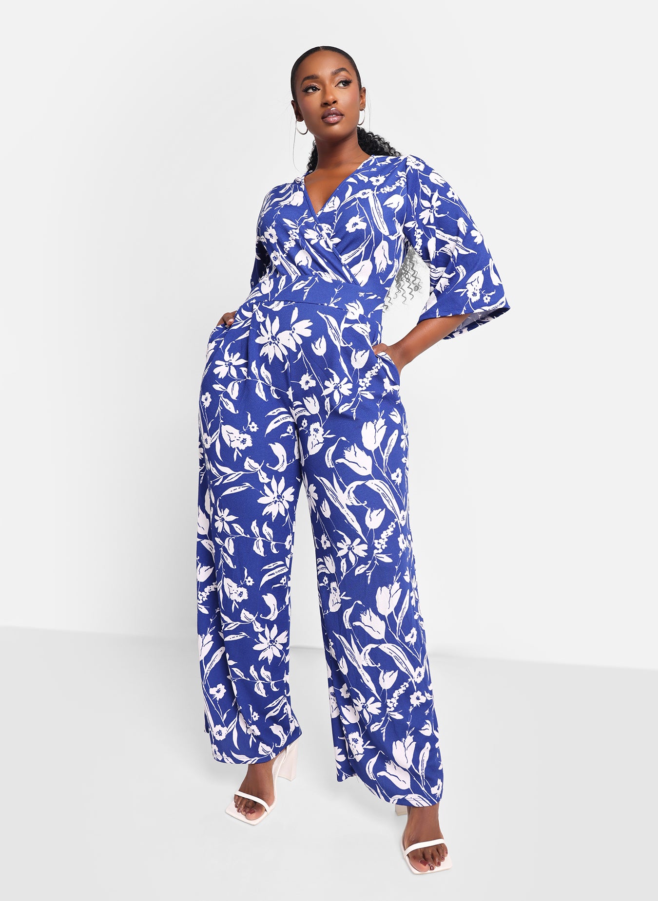Delphine Floral Flare Sleeve Jumpsuit - Navy