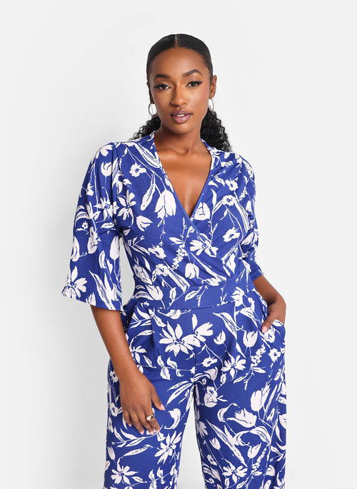 Delphine Floral Flare Sleeve Jumpsuit - Navy