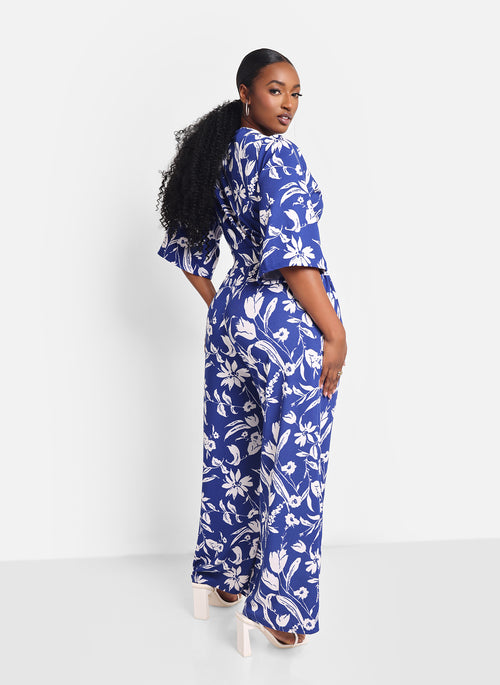 Delphine Floral Flare Sleeve Jumpsuit - Navy