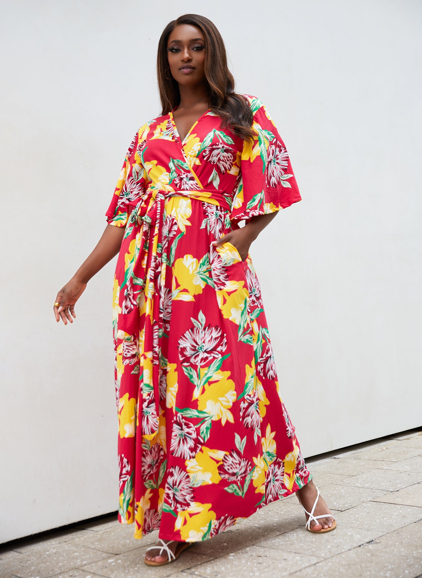 Desirable Floral Print Kimono Maxi Wrap Dress