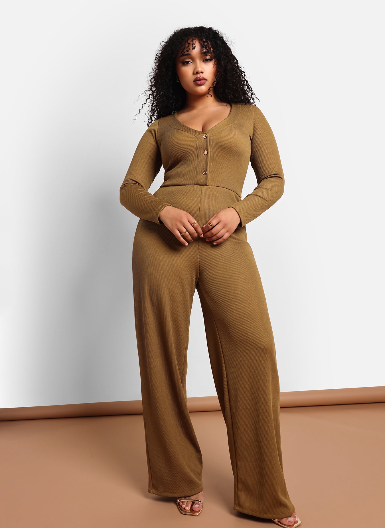 Eliza Ribbed Button Front Wide Leg Jumpsuit - Khaki