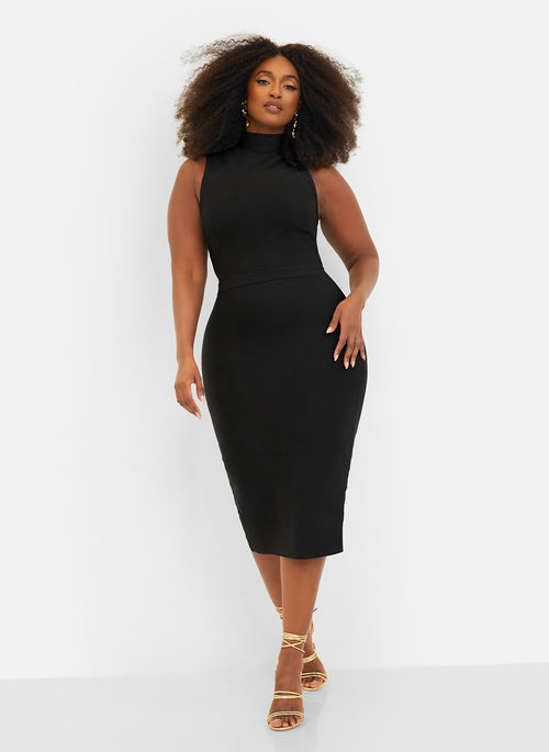 Esme Bandage High Neck Midi Bodycon Dress - Black