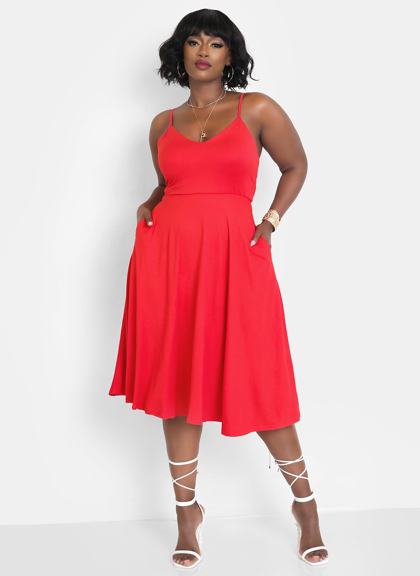 I Dont Think So Strappy Skater Midi Dress w. Pockets - Red