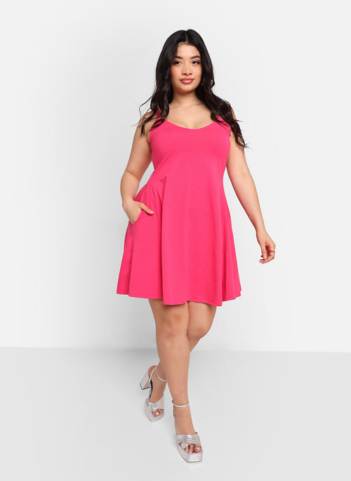 Essential V Neck Strappy Mini Skater Dress W. Pockets - Fuchsia