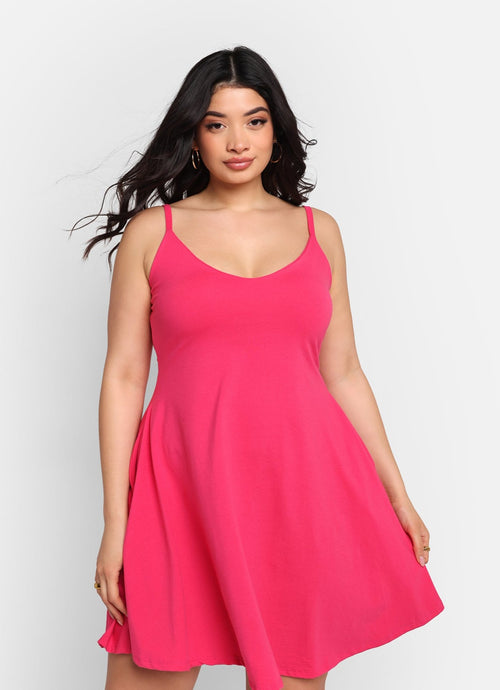 Essential V Neck Strappy Mini Skater Dress W. Pockets - Fuchsia