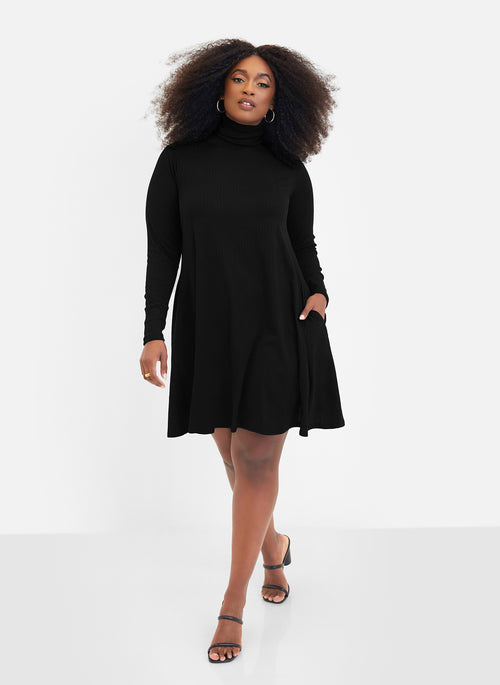 Essential Ribbed Turtleneck Mini Skater Dress