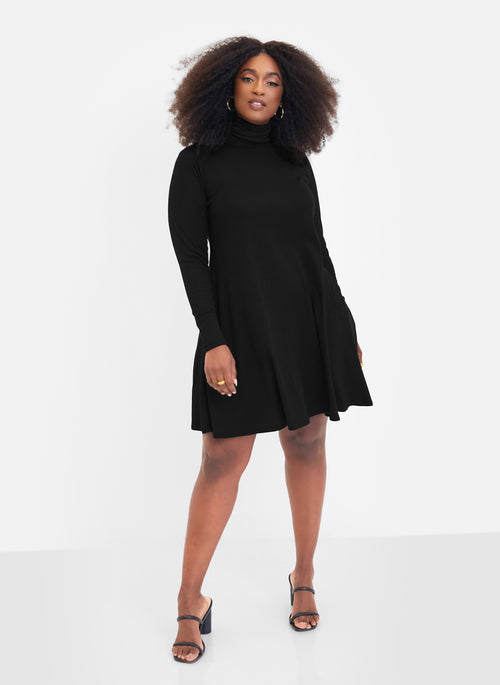 Essential Ribbed Turtleneck Mini Skater Dress