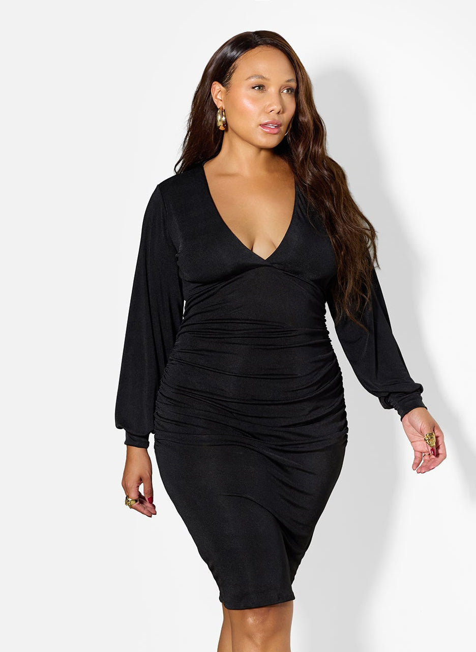 Gala Ruched Slinky Plunge Neckline Dress