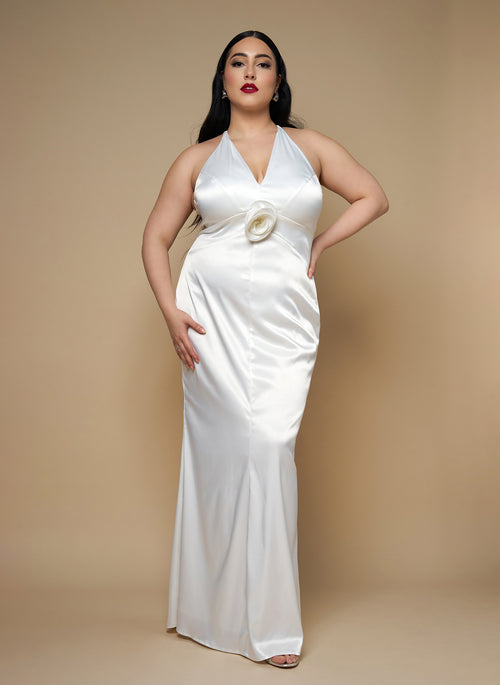 Gardenia Satin Halter Maxi Bodycon Dress