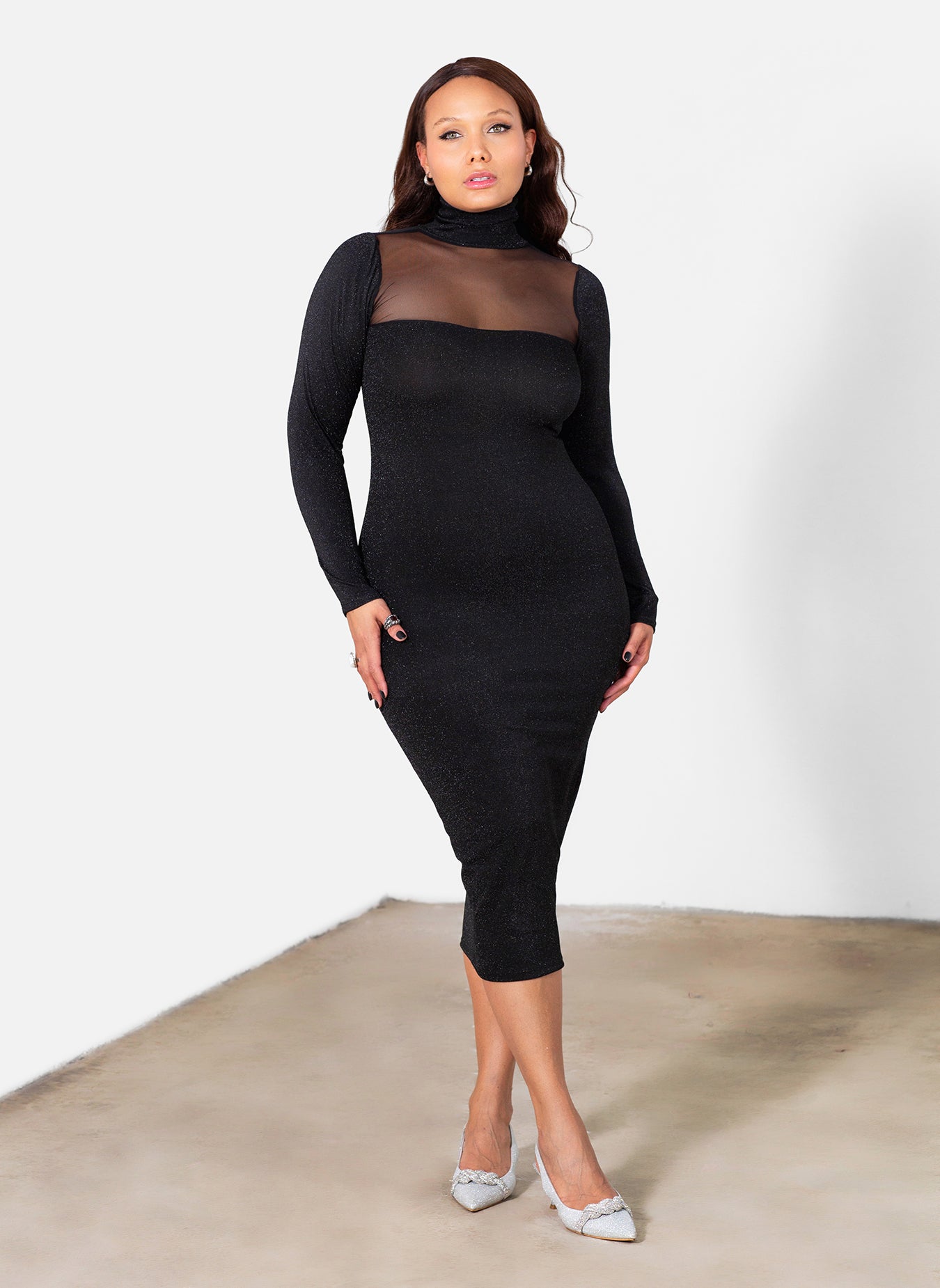 Hannah Sparkling Bodycon Midi Dress w. Mesh Neckline