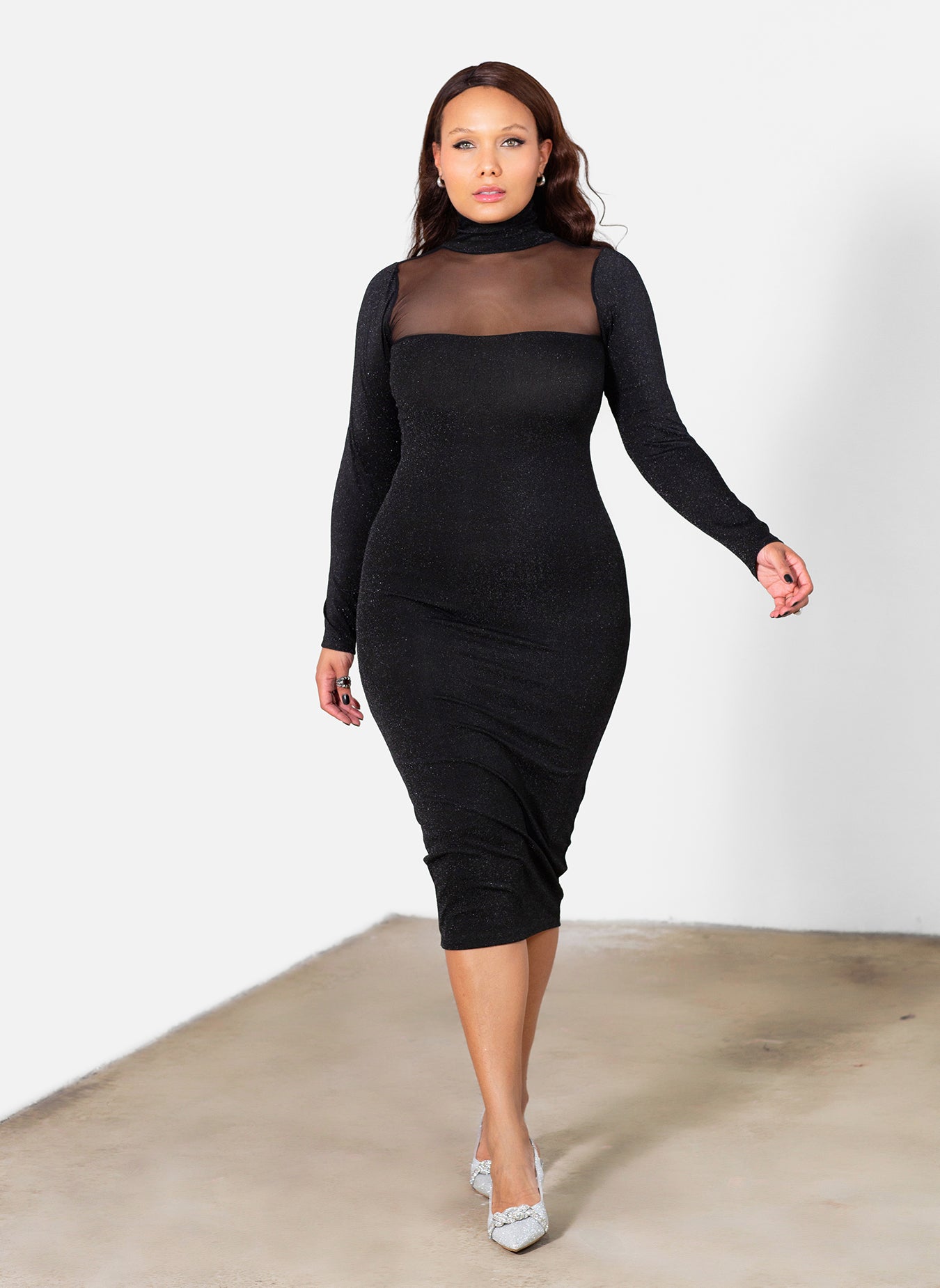 Hannah Sparkling Bodycon Midi Dress w. Mesh Neckline