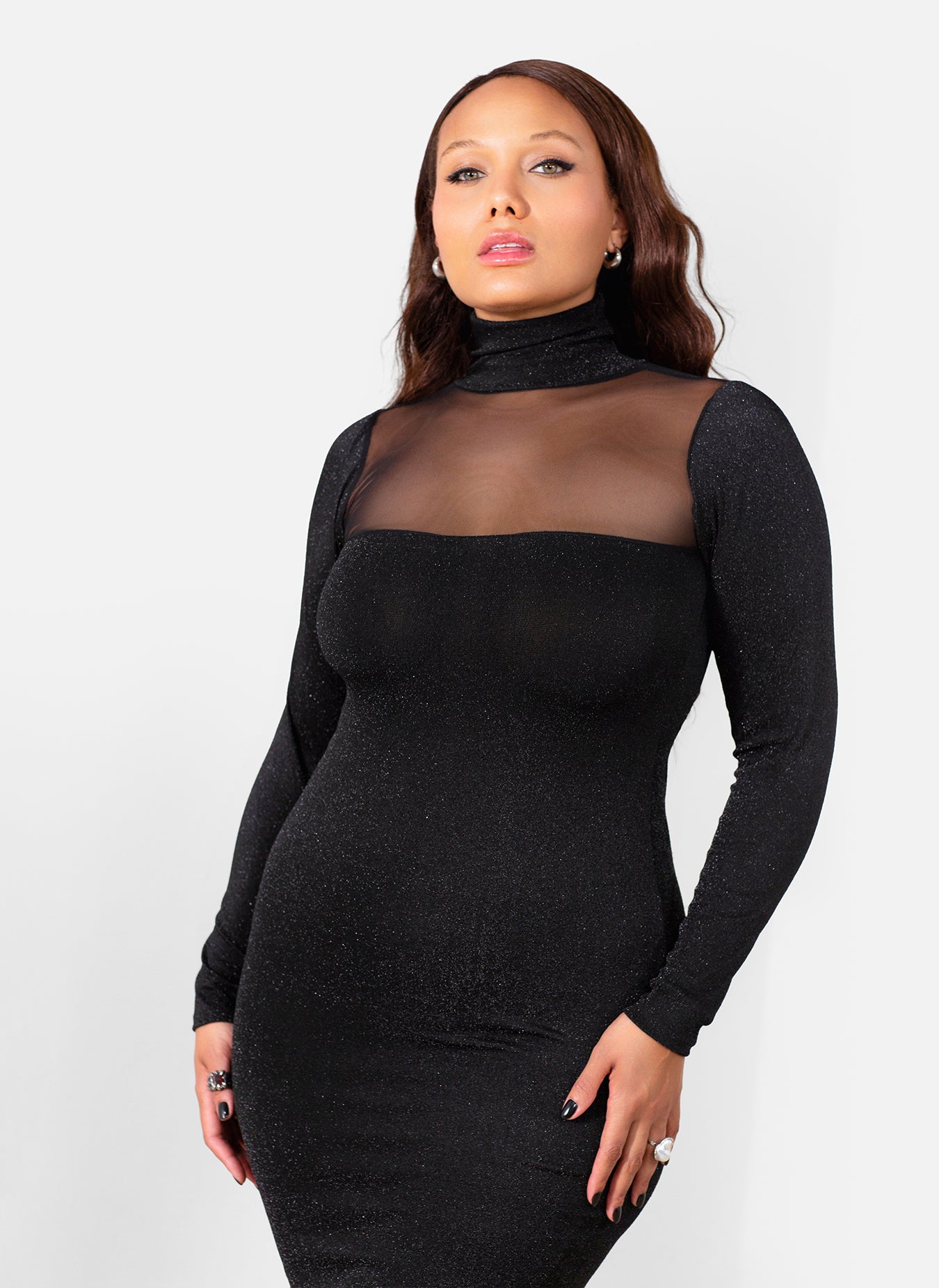 Hannah Sparkling Bodycon Midi Dress w. Mesh Neckline