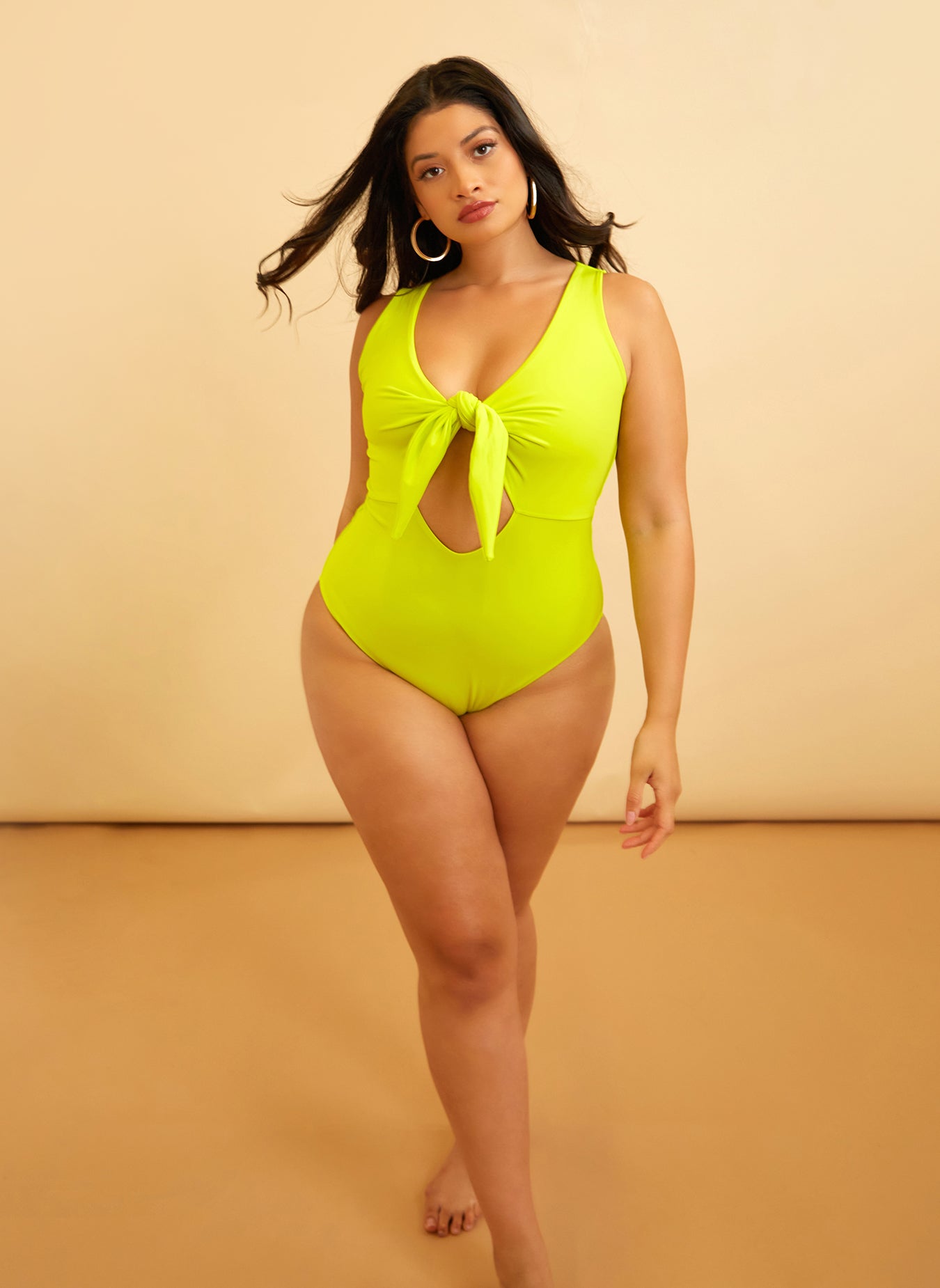 Happy Hour Tie Front Keyhole Swimsuit - Lime Green