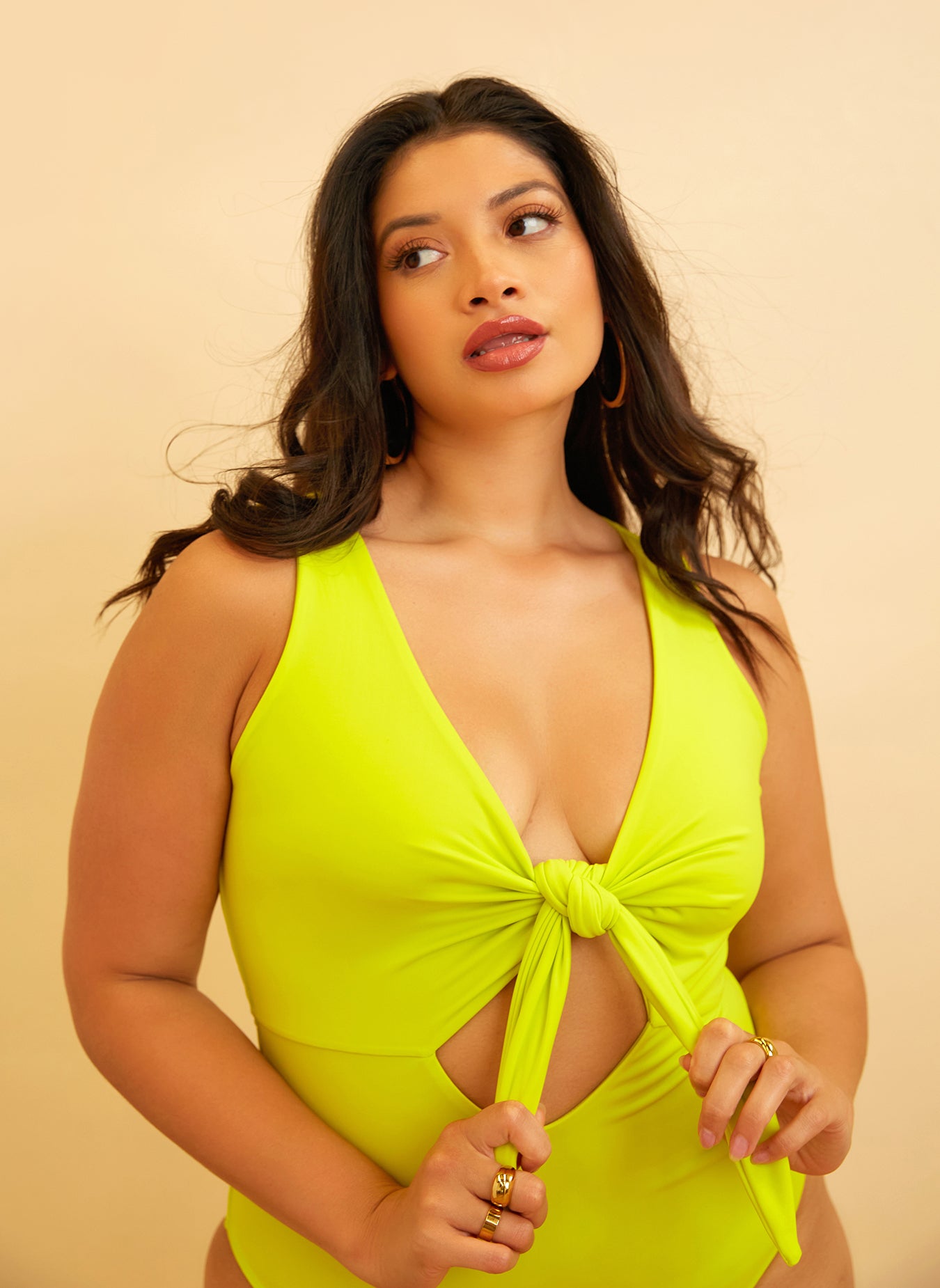 Happy Hour Tie Front Keyhole Swimsuit - Neon Yellow