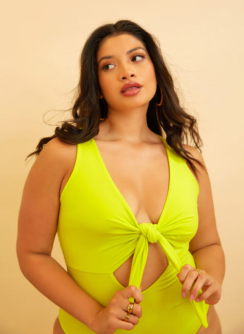 Happy Hour Tie Front Keyhole Swimsuit - Lime Green