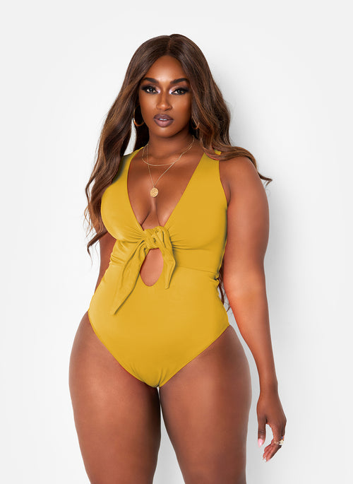 Happy Hour Tie Front Keyhole Swimsuit - Mustard