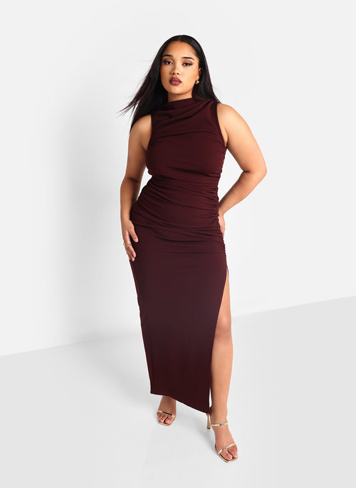 Hazel Ruched Maxi Bodycon Dress - Plum