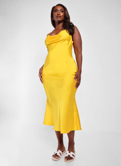 High Key Satin Cowl Neck Midi Shift Dress - Yellow