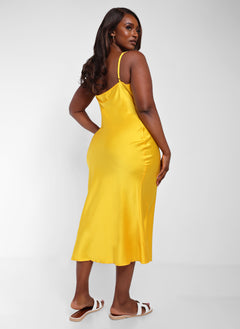 High Key Satin Cowl Neck Midi Shift Dress - Yellow