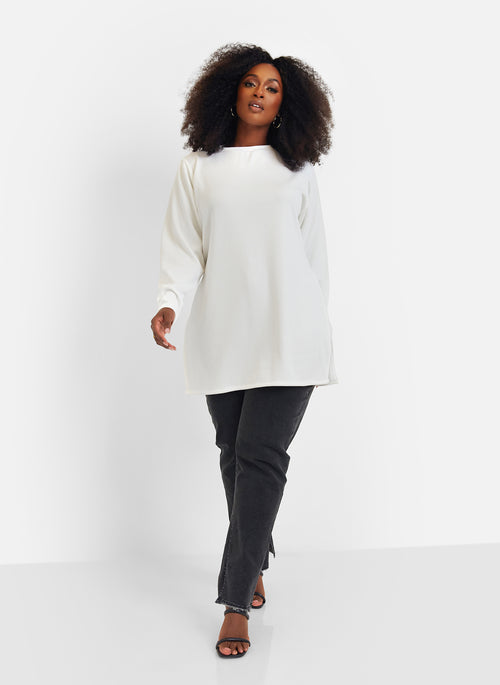 Hope Ribbed Oversized Double Split Sweater - White