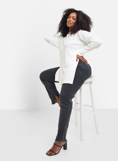 Hope Ribbed Oversized Double Split Sweater - White