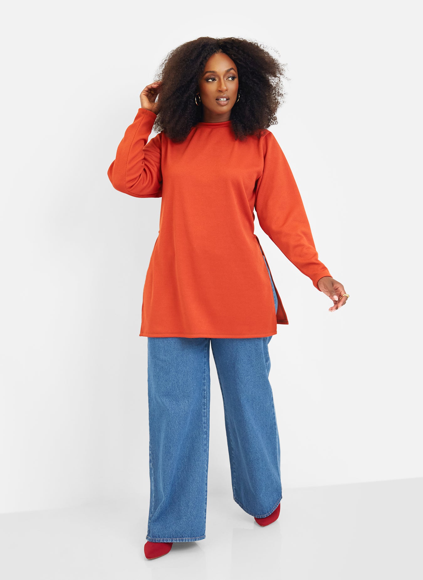 Hope Ribbed Oversized Double Split Sweater - Burnt Orange