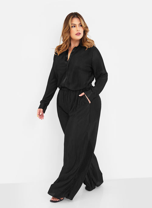 Jamila Plisse Wide Leg Pants - Black