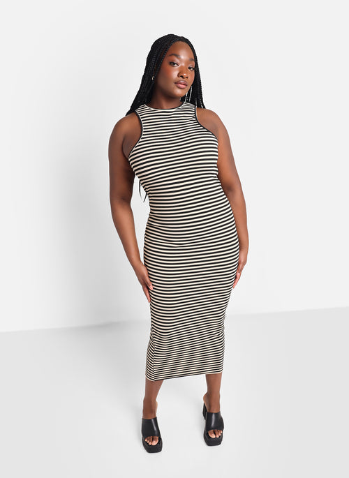 Jenna Striped Maxi Bodycon Dress - Tan & Black