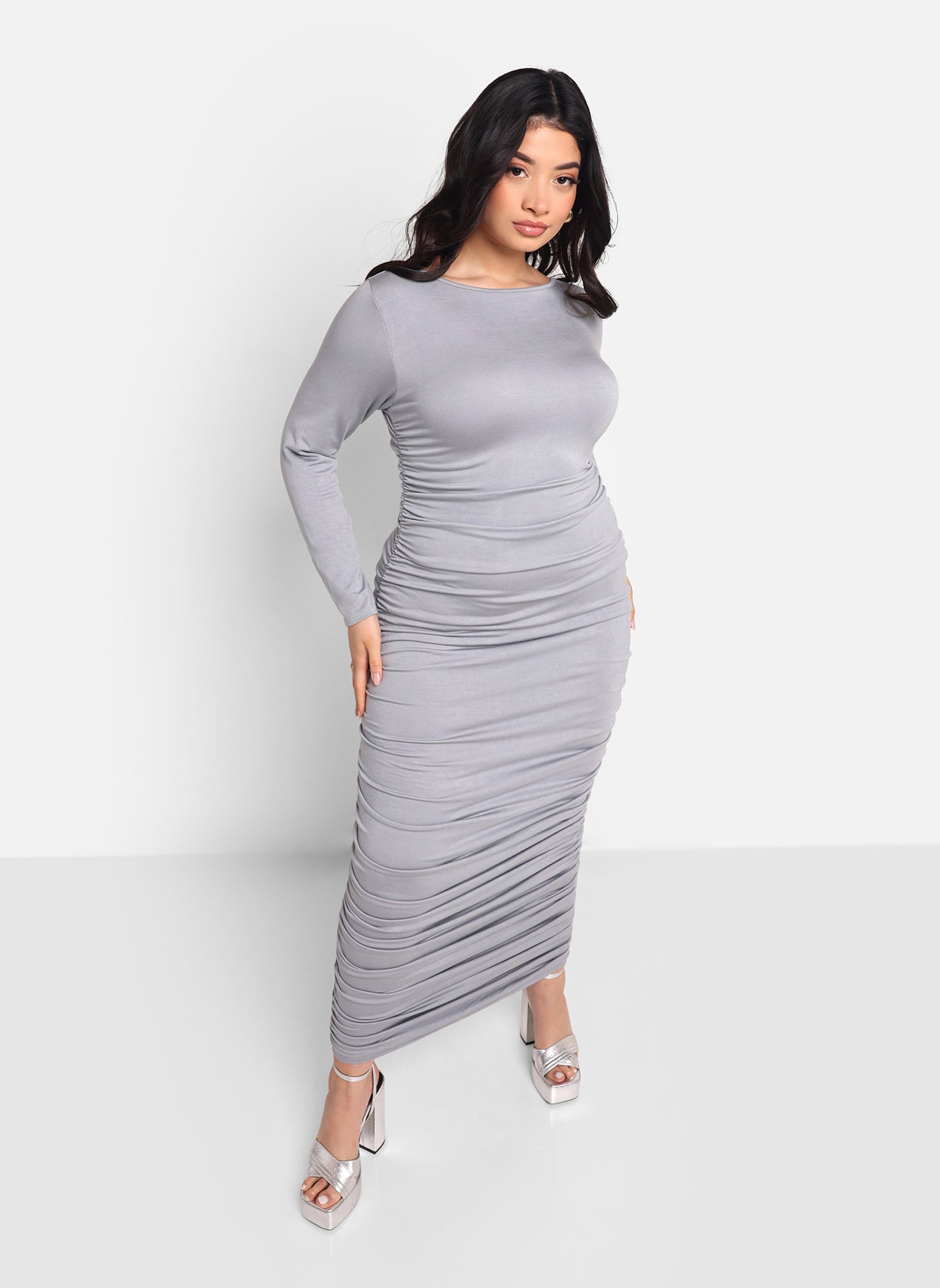 Jennifer Ruched Side Maxi Bodycon Dress - Gray