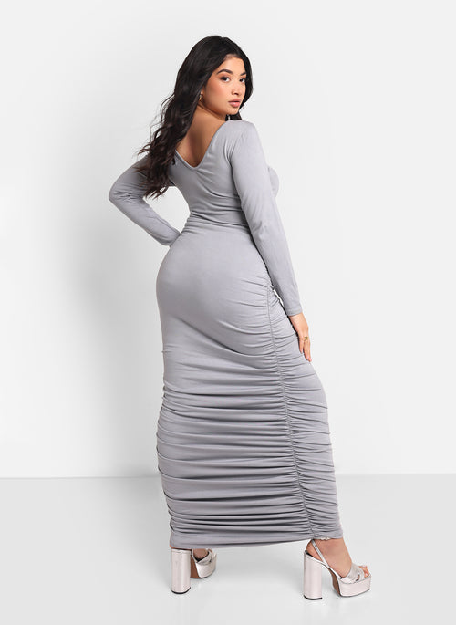 Jennifer Ruched Side Maxi Bodycon Dress - Gray