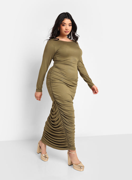 Jennifer Ruched Side Maxi Bodycon Dress - Olive