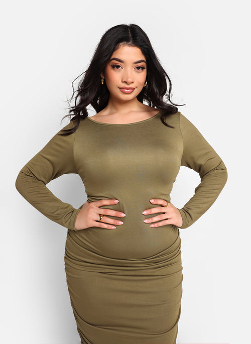 Jennifer Ruched Side Maxi Bodycon Dress - Olive