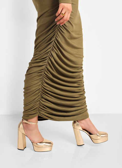 Jennifer Ruched Side Maxi Bodycon Dress - Olive