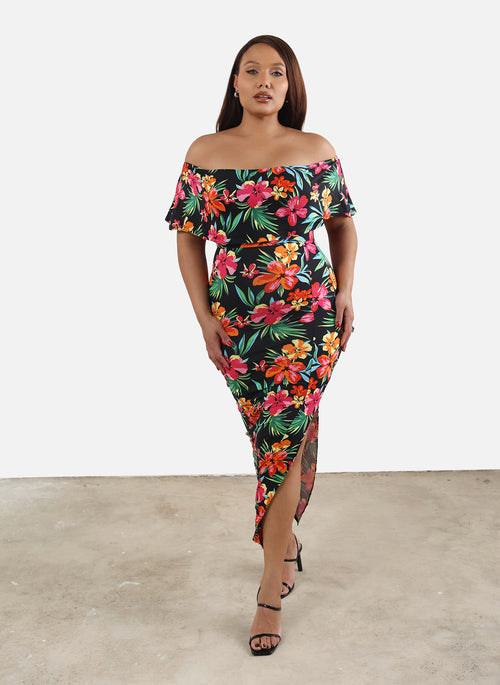 Jess Over The Shoulder Floral Bodycon Maxi Dress