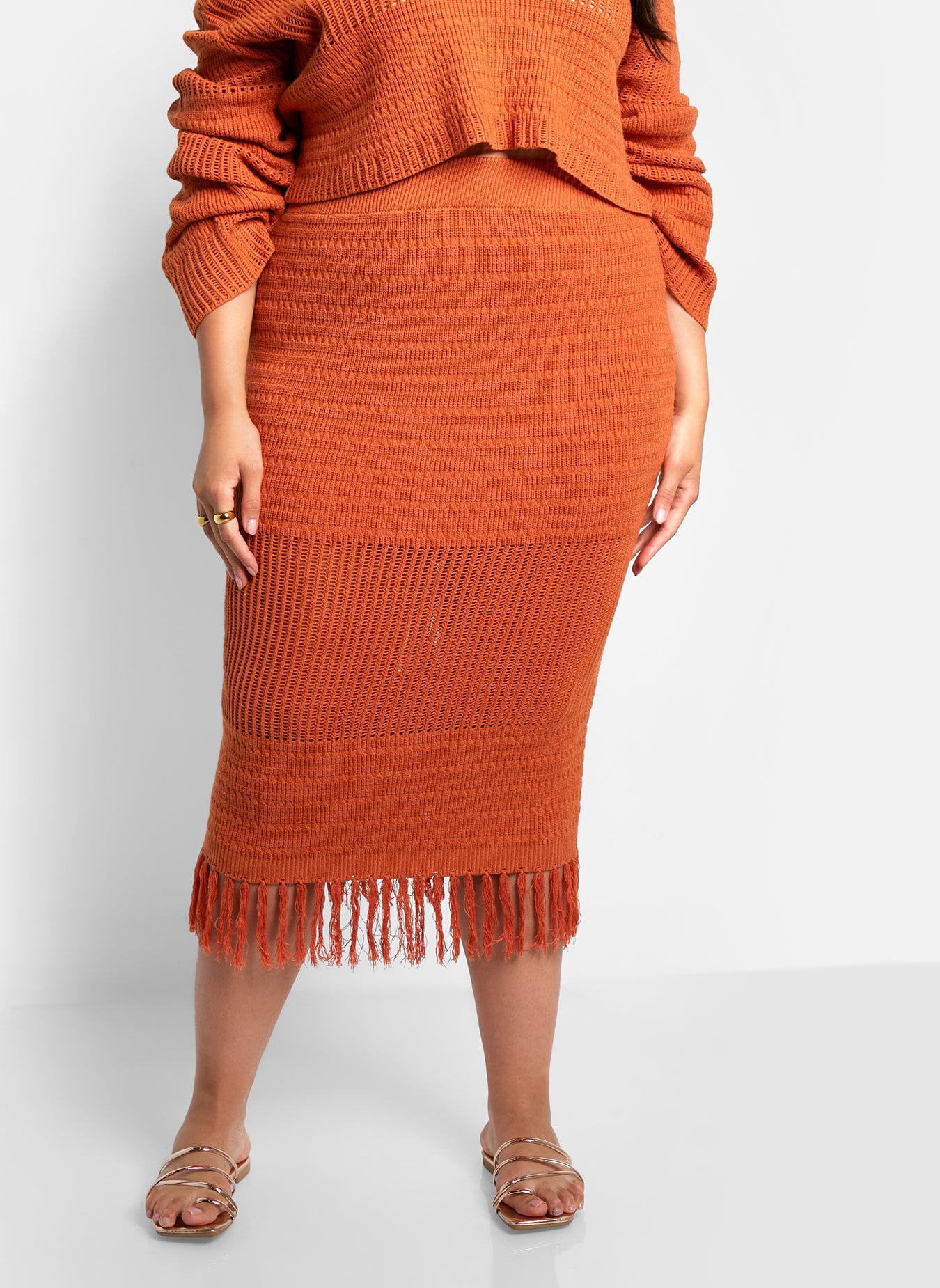 Jina Crochet Tassel Hem Midi Bodycon Skirt - Cinnamon
