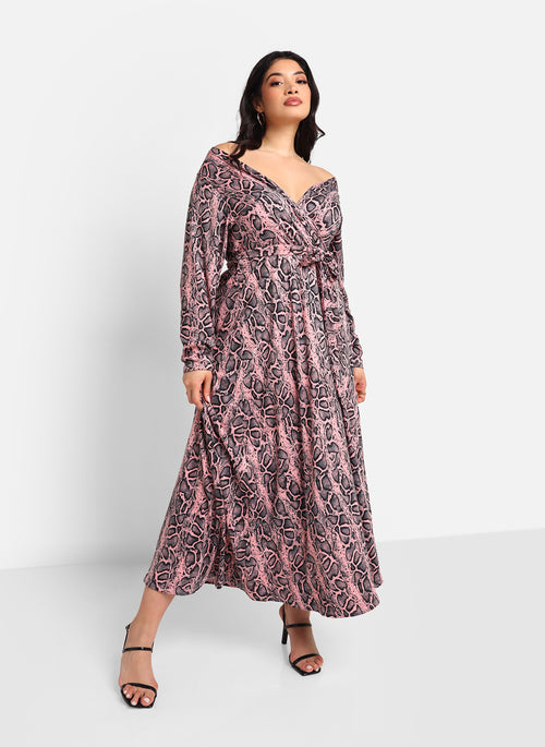 Karleah Pink Snake Maxi Wrap Dress