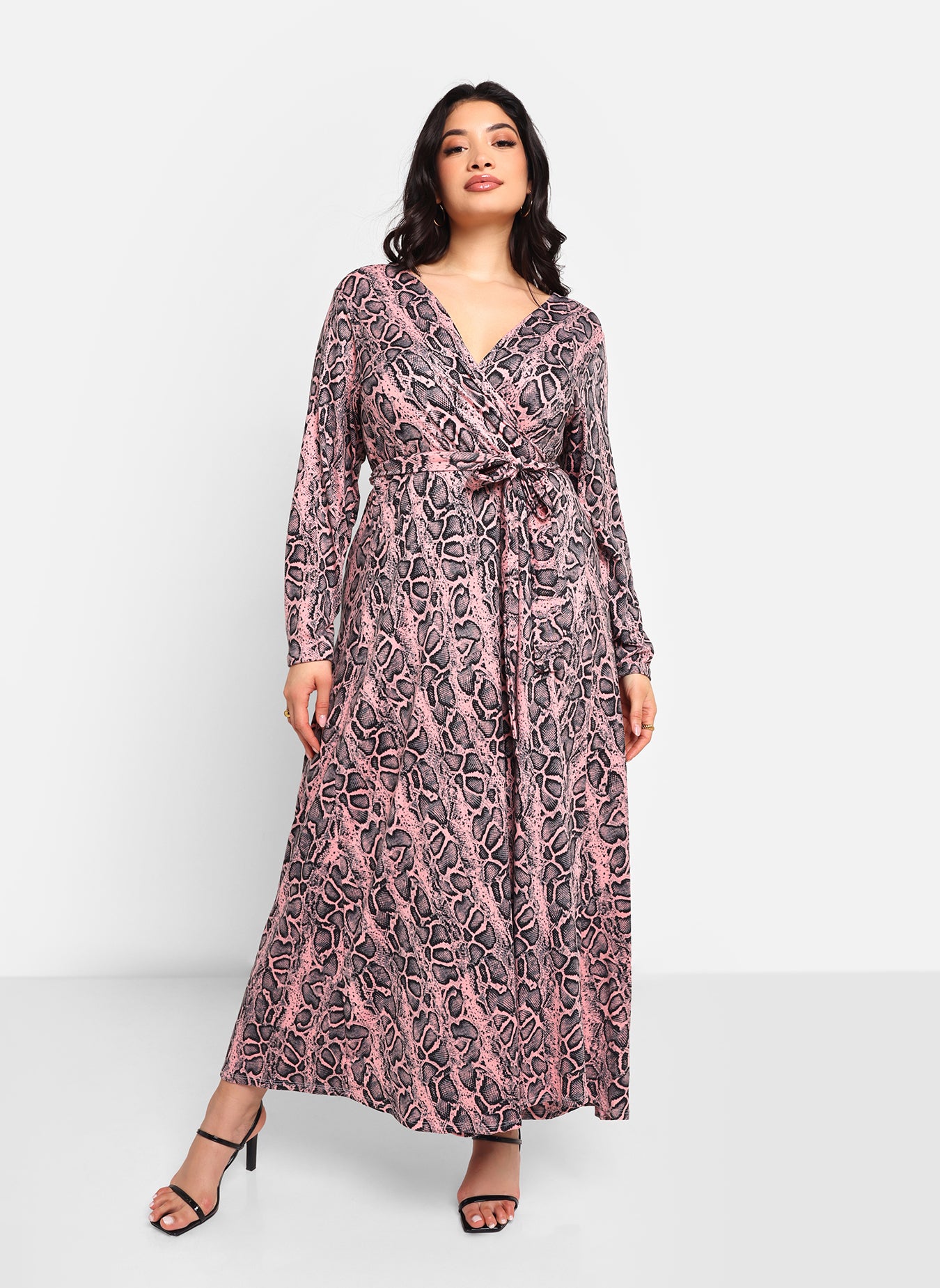 Karleah Pink Snake Maxi Wrap Dress