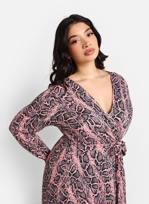 Karleah Pink Snake Maxi Wrap Dress